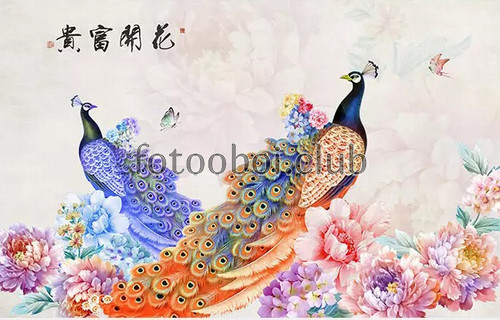 павлины, цветы, пионы, дизайнерские, 3д, 3d